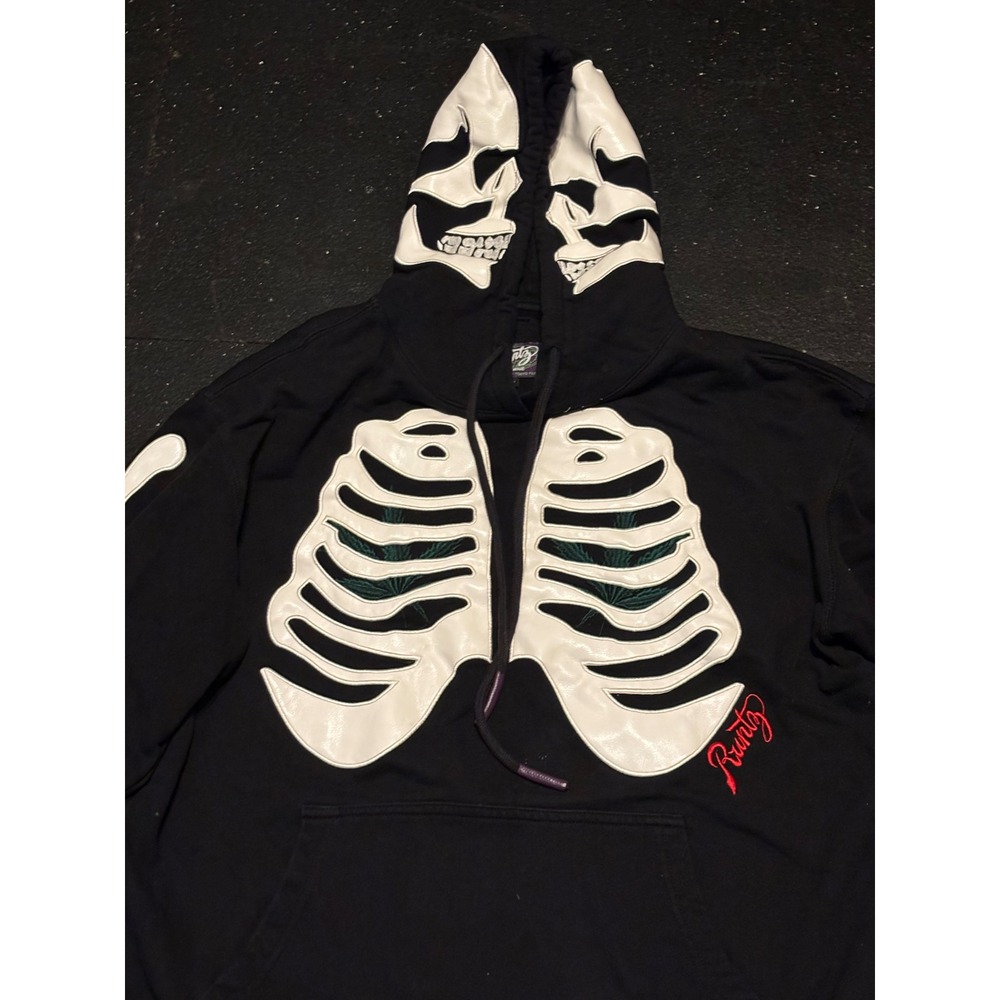 Runtz Worldwide Skeleton Hoodie Black Faux Leather Bone Applique Mens Large
